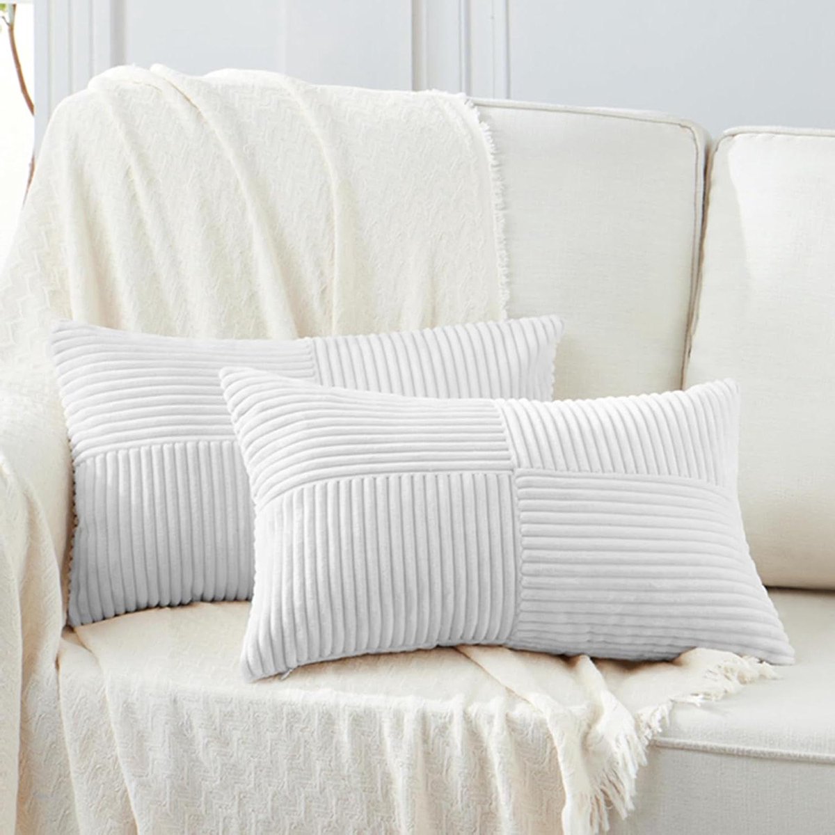 Decoratieve Kussenhoezen - Luxe Sierkussens - Bank en Bed - Zacht Gestreepte Corduroy - 30x60 cm - Wit