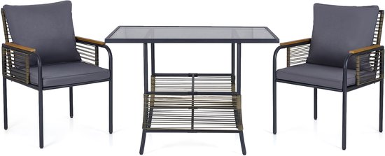 KOMFOTTEU Salon de jardin 3 pièces pour extérieur, polyrotin, table avec plateau en verre trempé et 2 chaises, coussins doux, accoudoirs en bois et plastique, meubles de jardin pour terrasse, piscine