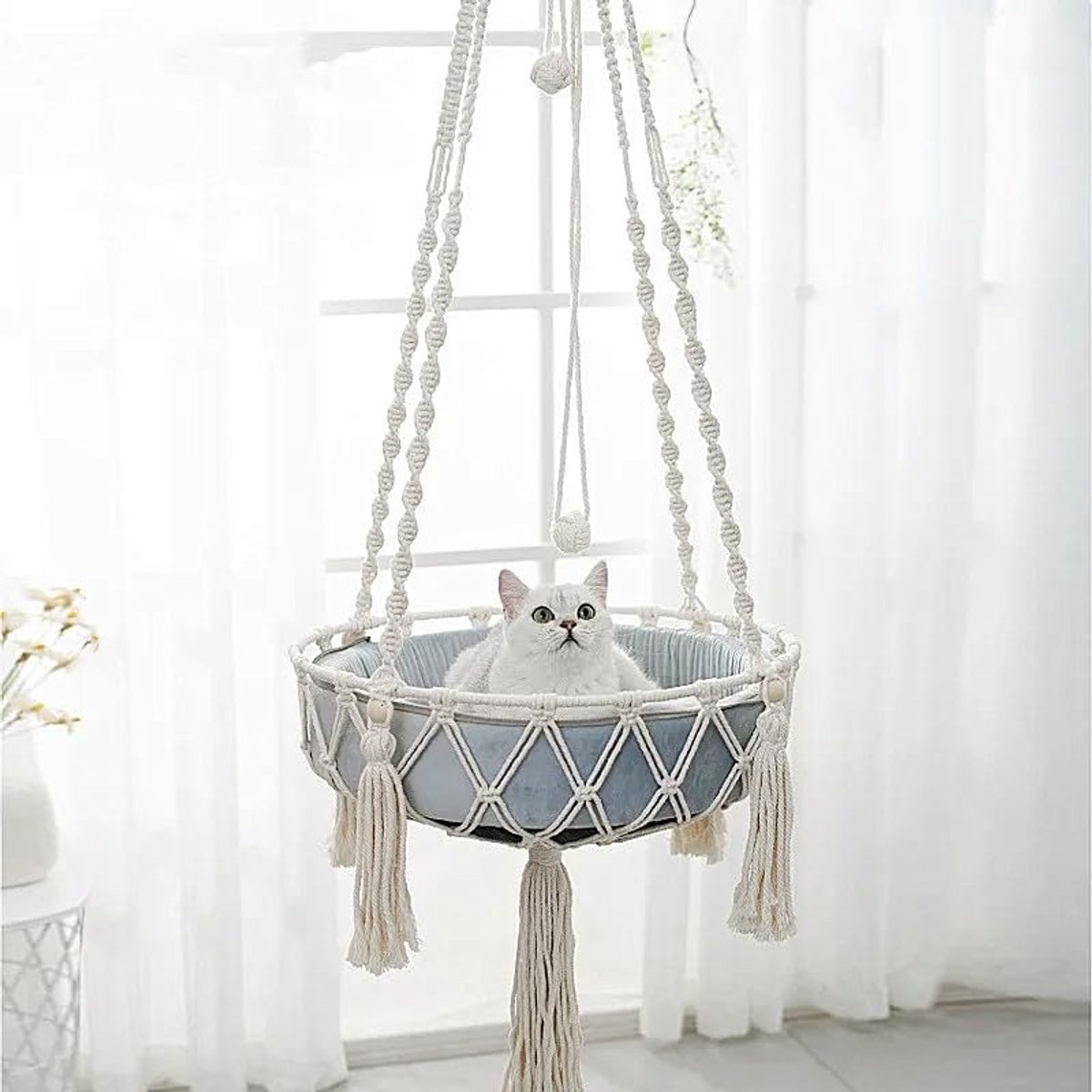 Kattenhangmat - Opknoping Macramé Kat Hangmat - Ophangend Raam Hangmat Bed - Handgeweven Kat Mand - Kat Bed Swing Bed - Thuis Katten voor Binnen Raam - Wit - 40cm