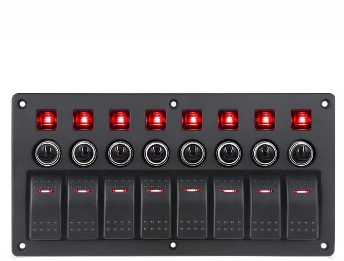 Schakelpaneel 8 Gang - Rocker Schakelaar Paneel - Marine Auto Varen - IP65 Waterdicht ABS - 23.5x12x7.5 cm - Rood Licht