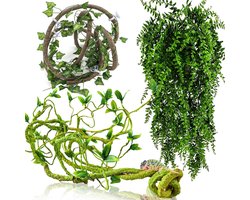 HERCOCCI Reptielen wijnstokken, flexibele jungle klimstokken terrarium plastic planten en bladeren tank accessoires decor voor gekko slang hagedis baarde draak heremietkreeft krab kikker