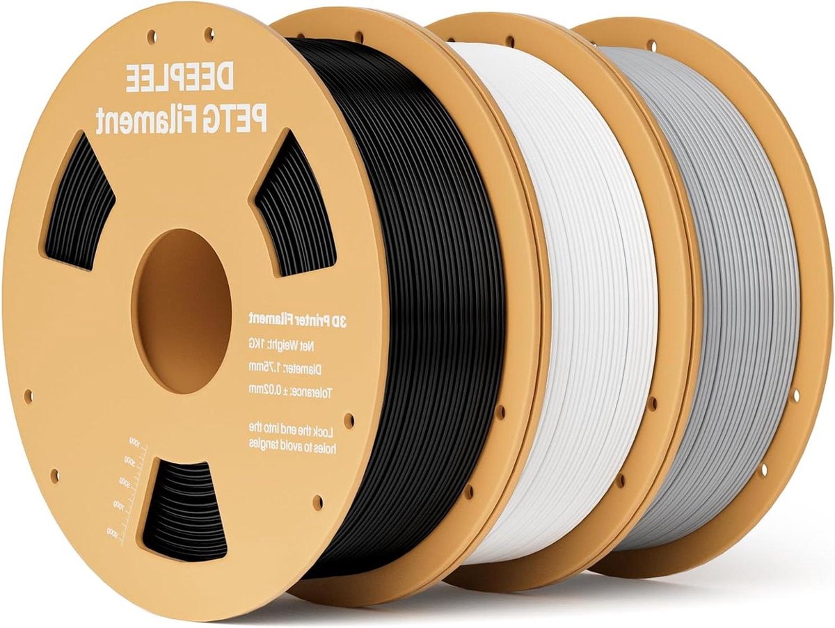 DEEPLEE PETG filament, 1,75 mm, PLA-filament voor 3D-printers, maatnauwkeurigheid +/- 0,02 mm, voor de meeste FDM-3D-printers, 3 kg (1 kg/spoel), zwart, wit, grijs