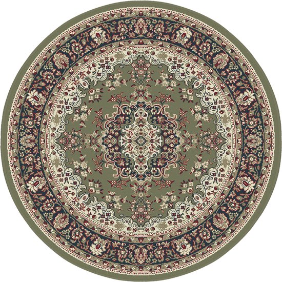 Rond, laagpolig vloerkleed met klassiek medaillonpatroon in groen, rood en blauw.