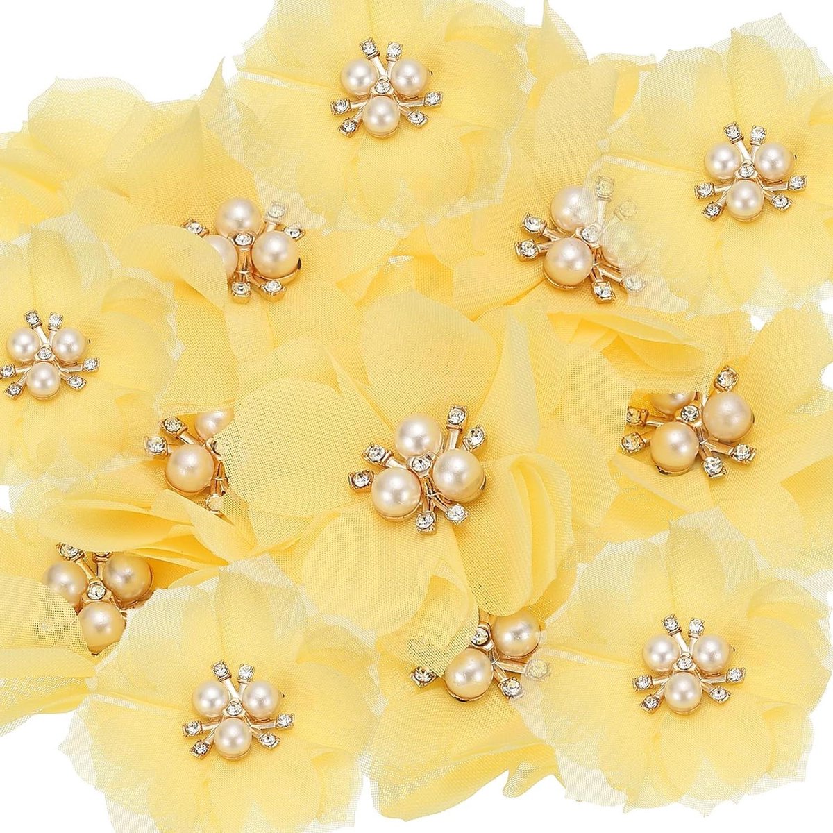 PATIKIL 5,9 cm strass parel chiffon bloem, 15 stuks naaistof applicaties voor doe-het-zelf ambachtelijke kleding hoofdbanden bruiloft feest decoratie, geel
