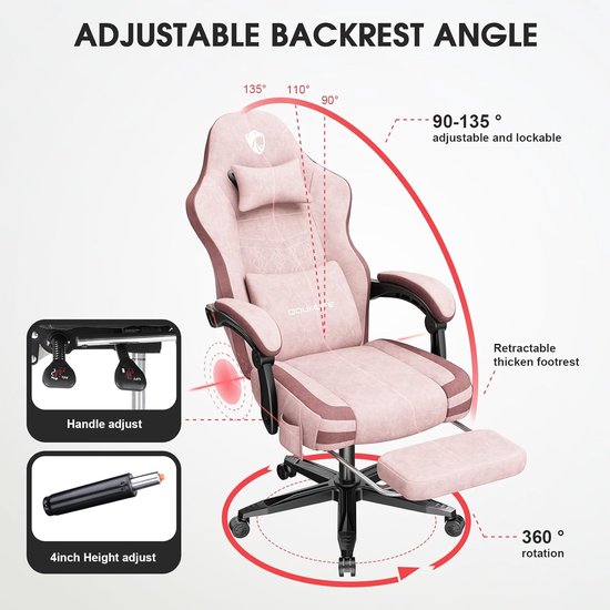 Douxlife Gamingstoel, stof met massage, verbreed zitkussen met pocketveren, ergonomische bureaustoel, pc-gamerstoel met voetensteun en metalen poten, 158 kg belastbaarheid, roze van Merkloos — afbeelding 2