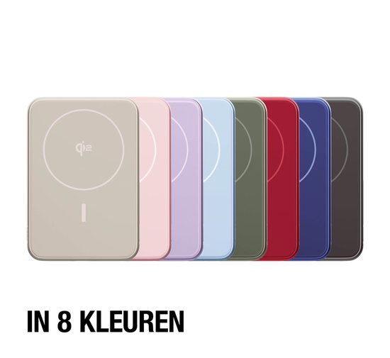 Negen magnetische powerbanks in verschillende kleuren op witte achtergrond.