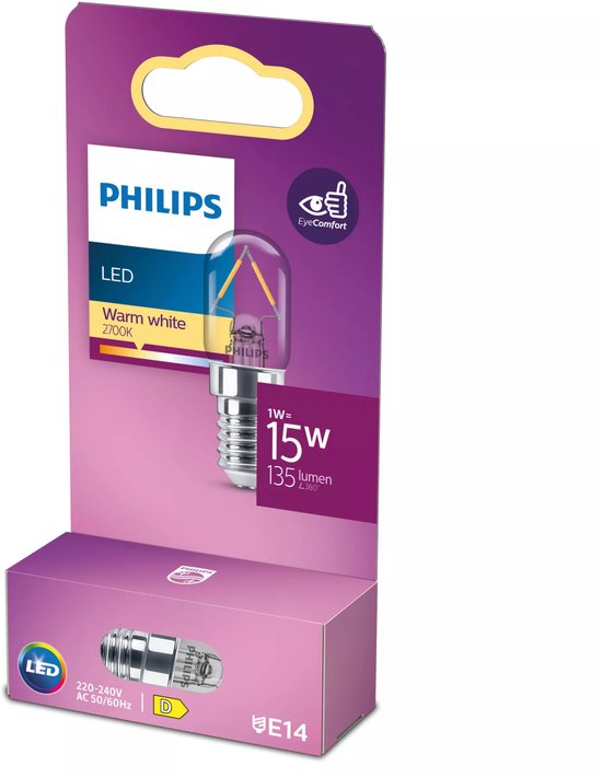 Ampoule LED Philips en emballage, blanc chaud 2700K, 1W=15W, 135 lumens, verre clair, culot E14.