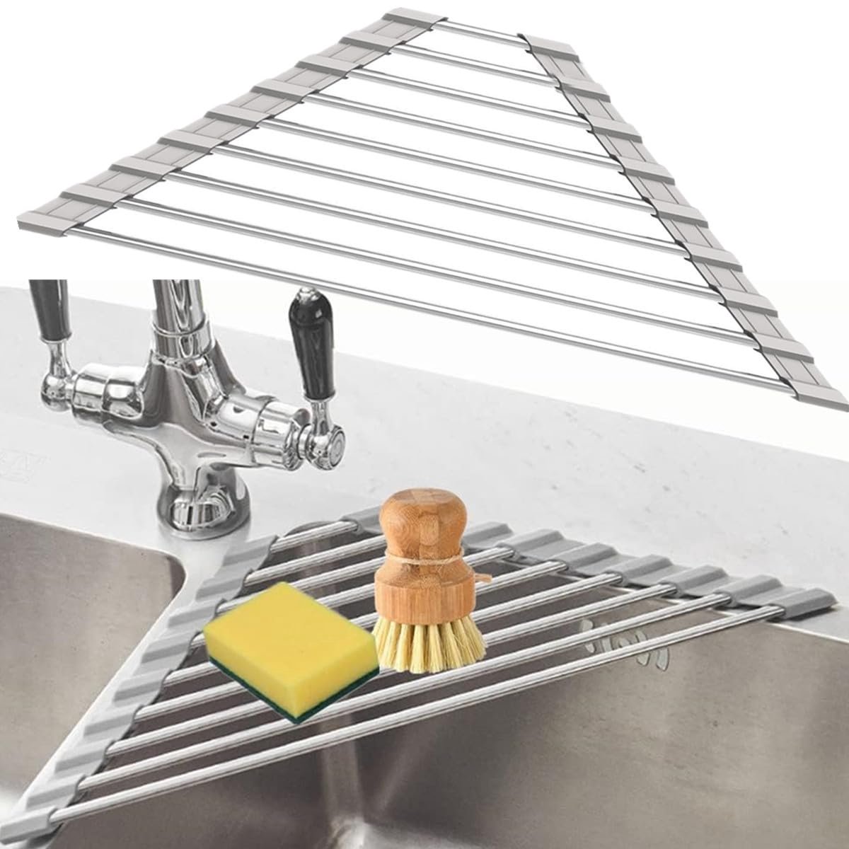 carmdering - Afdruiprek - Opvouwbaar Afdruiprek - Driehoekig Afdruiprek - 304 roestvrij staal, siliconen randen, hittebestendig tot 204°C - Beschermt gootsteen, antislip - Opvouwbaar voor opslag - Grijs - Perfect voor keuken, camper en caravan