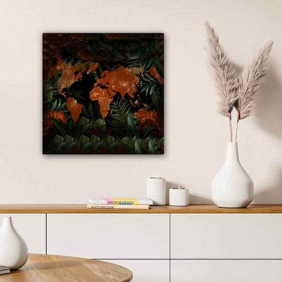 Canvas schilderij 50x50 cm - Wanddecoratie Wereldkaart - Goud - Rood - Muurdecoratie woonkamer - Slaapkamer decoratie - Kamer accessoires - Schilderijen op canvas