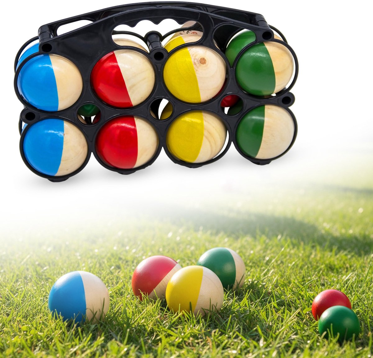 Dailygoods - Dailygoody - Boccia Petanque Houten bouleset - Tuinspel voor kinderen - Lichtgewicht en veelkleurig - Werpspel met 8 houten ballen - Incl. dra...