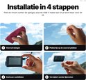 Vier stappen voor installatie van dashcam: ruit schoonmaken, sticker plakken, dashcam klikken, verwijderen.