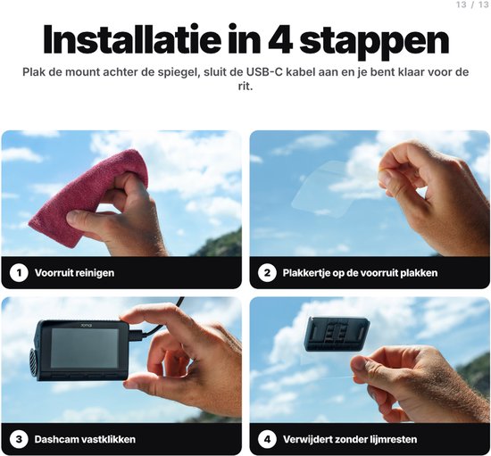 Vier stappen voor installatie van dashcam: ruit schoonmaken, sticker plakken, dashcam klikken, verwijderen.