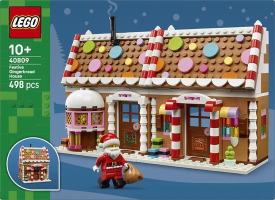 LEGO Kerst Peperkoekhuis 40809 doos, met afbeelding van huis, kerstman en miniatuur huis.