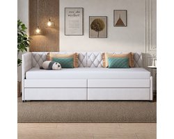BursDany Slaapbank Uitschuifbaar dagbed met lattenbodem boxsprings, Reg bed, fluwelen stoffen 2-zits slaapbank met slaapfunctie, zonder matras, Beige