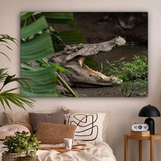 Canvas schilderij 180x120 cm - Wanddecoratie Krokodil met geopende bek - Muurdecoratie woonkamer - Slaapkamer decoratie - Kamer accessoires - Schilderijen op canvas