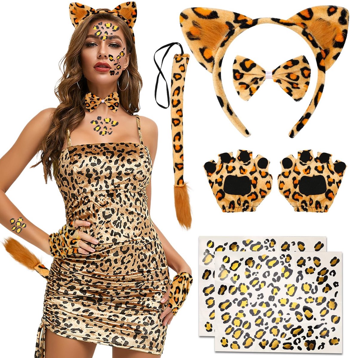 Dailygoods - Dailygoody - Luipaardkostuum - Halloween Kostuum - 7-delig Set - Dieren Kostuum - Perfect voor Feesten - Geschikt voor Volwassenen en Meisjes