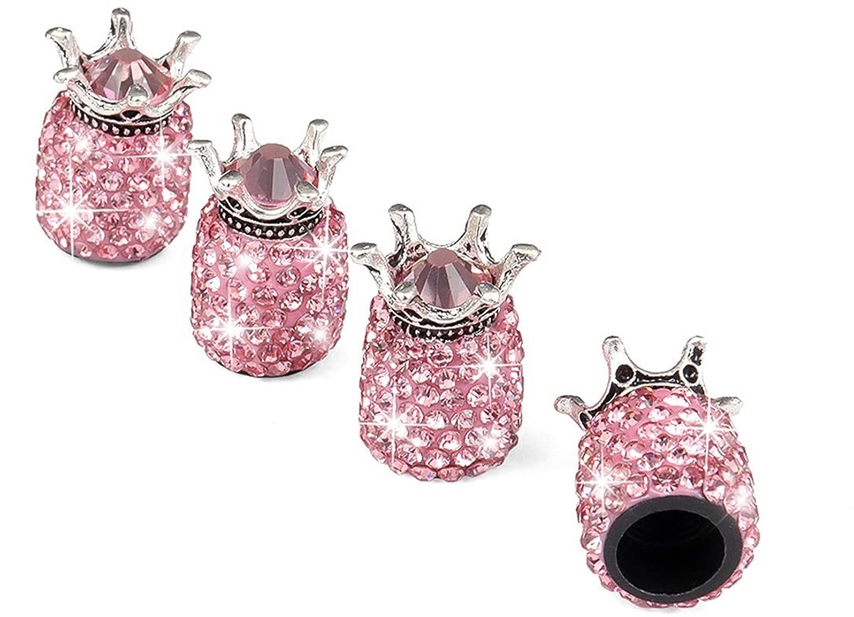 Dailygoods - Innovra - Dailygoody - Ventieldoppen - Strass-steentjes - Kroon design - Roze - Voor auto, motorfiets en fiets - Set van 4