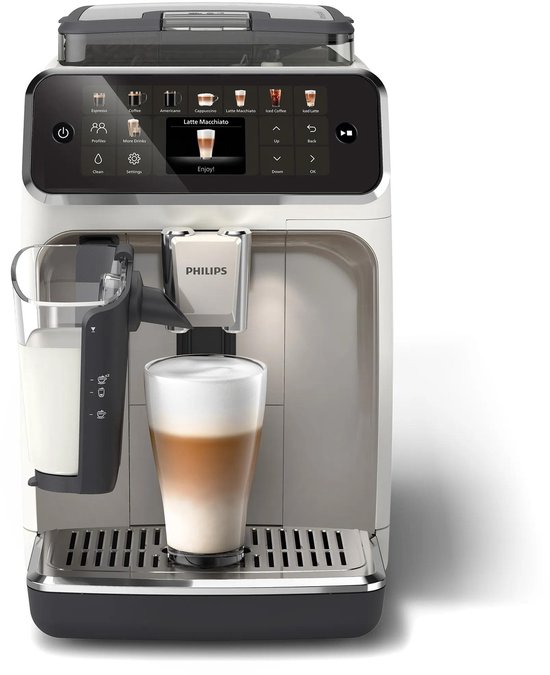 Volautomatische Philips espressomachine met melkreservoir, zet een latte macchiato.