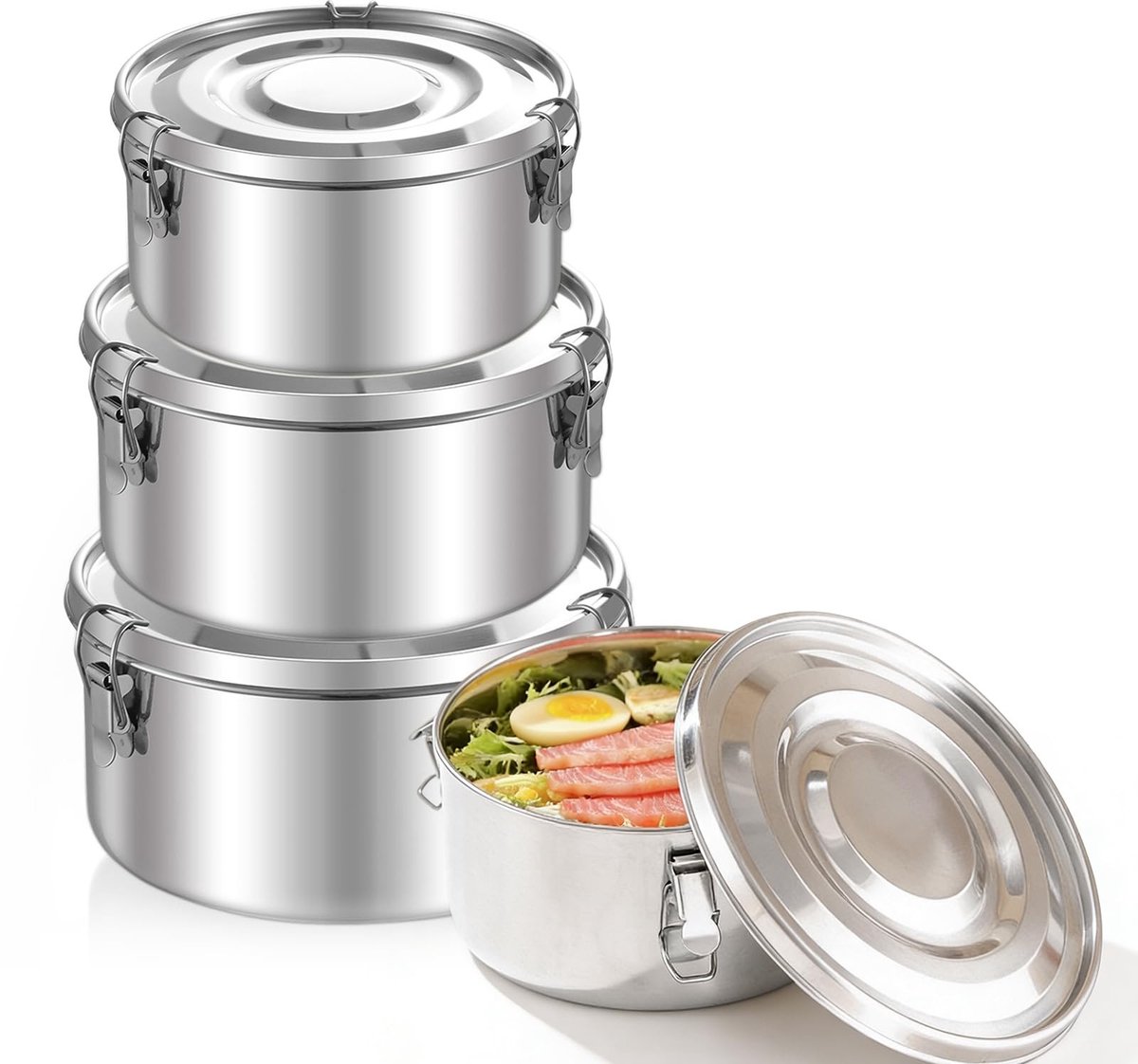 Dailygoods - Set van 3 Roestvrijstalen Broodtrommels met Deksel en Trekkoordzakken