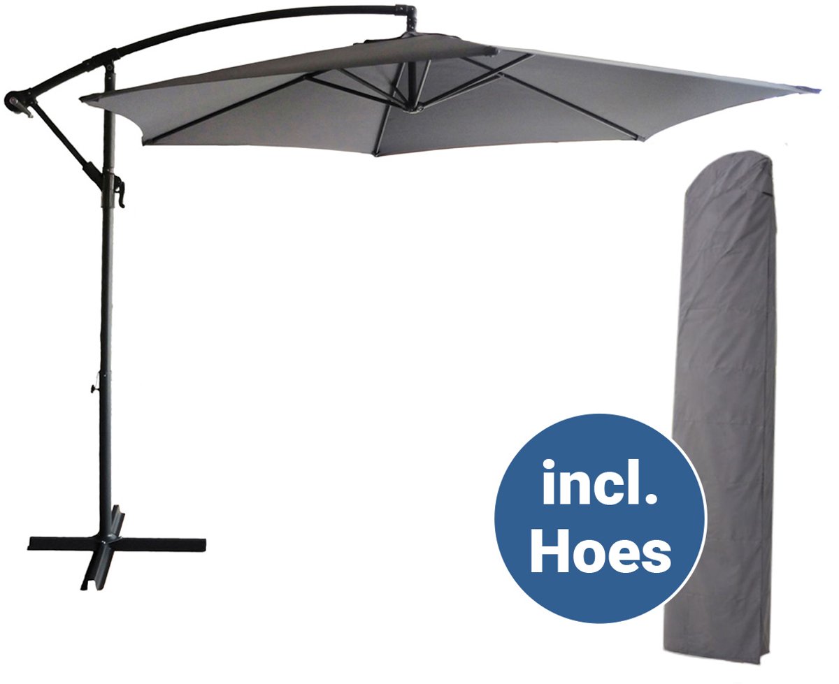 Bol.com BluMill Zweefparasol Met Voet en Beschermhoes - Ø 300 cm - Waterdicht - Kantelbaar - Verstelbare Hoogte - Grijs aanbieding
