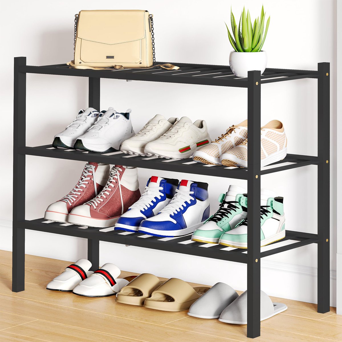 Homaxy - Schoenenrek (3 niveaus) - Bamboe Schoenenrek - Houten Schoenenkast -Schoenenrek hout - 68x28x49.5cm - Zwart