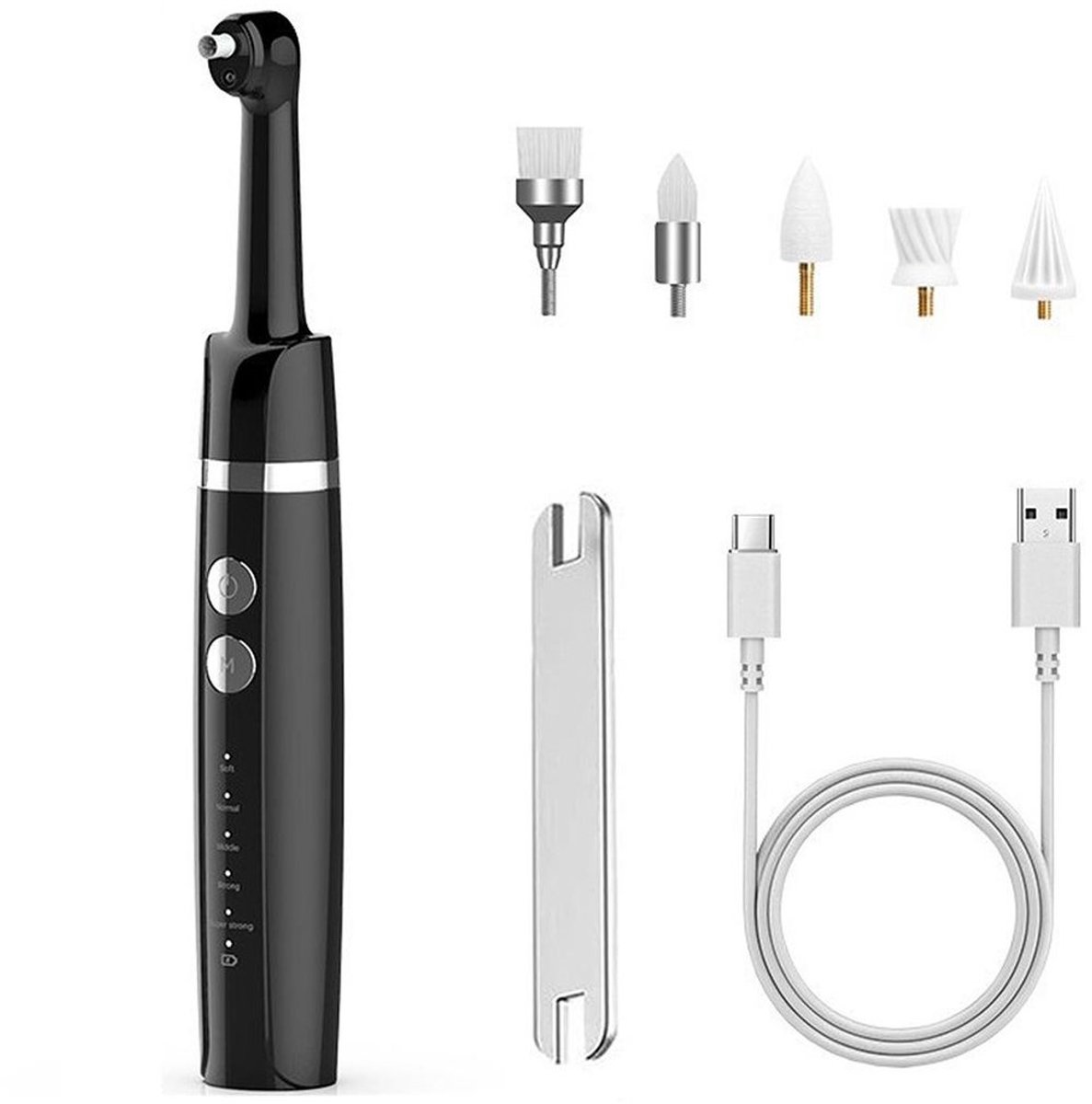 Elektrische tandpolijstmachine voor thuisgebruik met 5 opzetstukken en een LED-lampje, USB-C-oplaadbaar.