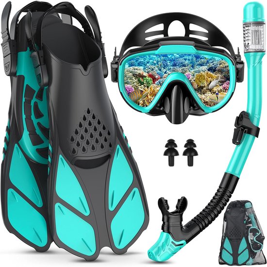 Professionele Snorkelset voor Volwassenen - duikbril en vinnen voor volwassenen - Droge Snorkel - Gehard Glas & Siliconen - Geen Lekkage - Voor Snorkelen & Duiken