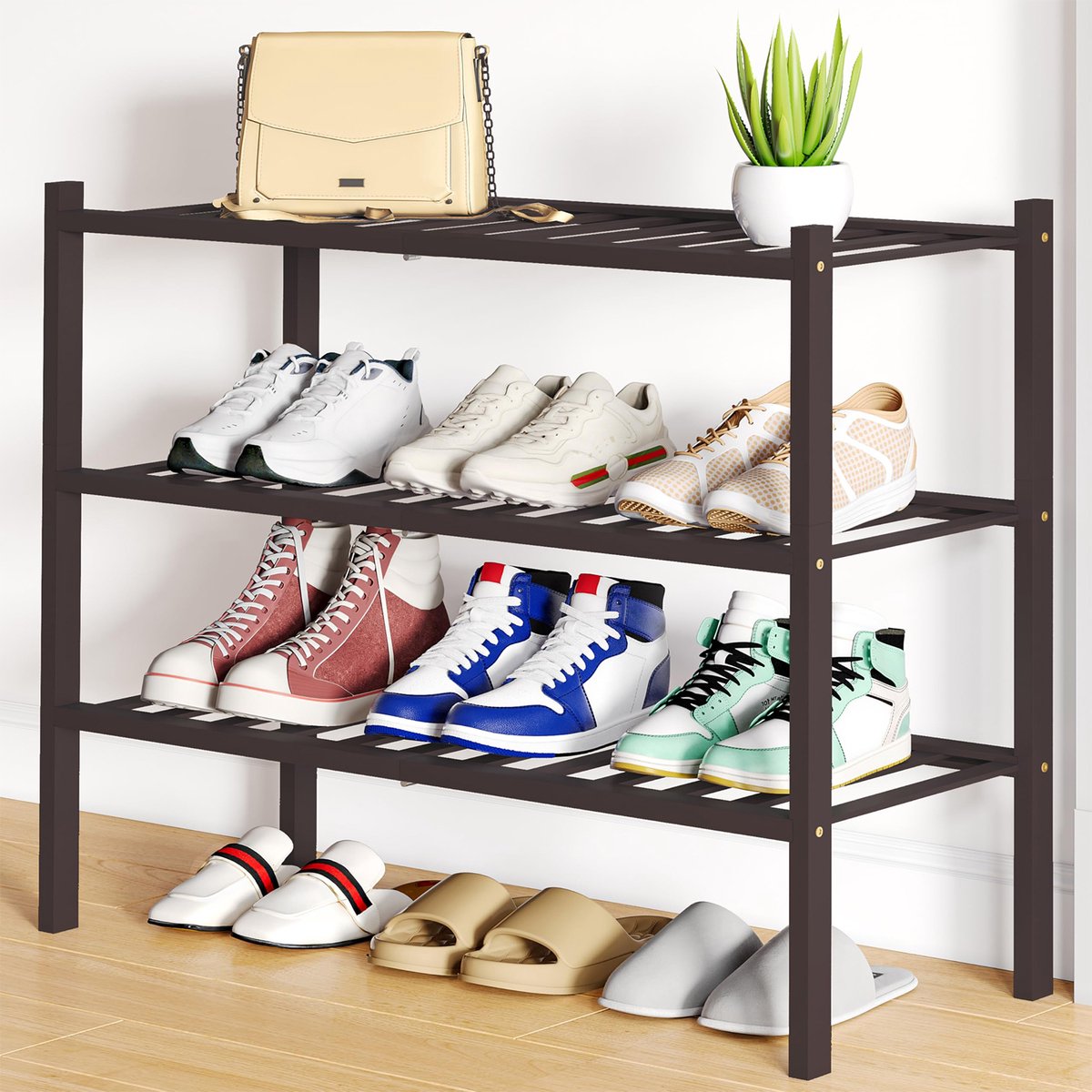 Homaxy - Schoenenrek (3 niveaus) - Bamboe Schoenenrek - Houten Schoenenkast -Schoenenrek hout - 68x28x49.5cm - Bruin