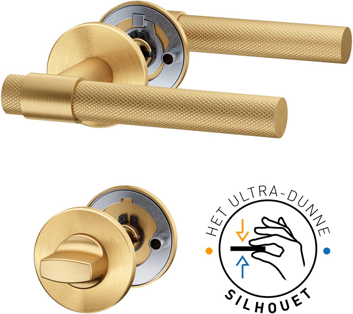 ROSA Super Slim Deurbeslag - Mat Gouden Deurklink met ronde rozet en WC rozet - Deurgrepen voor toilet/badkamerdeuren - Binnendeur - Roestvrij staal - PVD Mat Goud