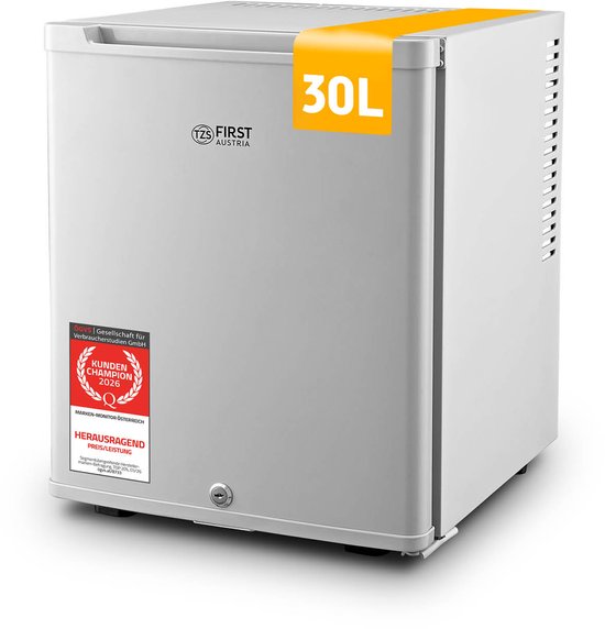Mini réfrigérateur blanc TZS First Austria de 30L avec un autocollant "Kunden Champion 2026".