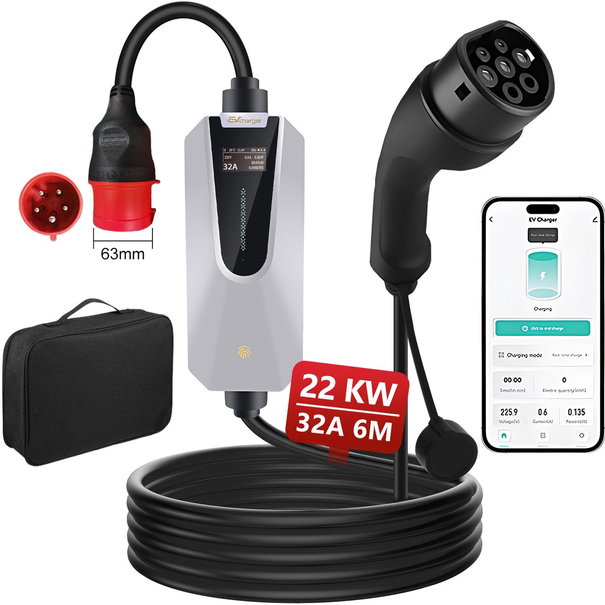 Hexinex - EV Mobiele Thuislader Laadkabel -22kW 6m met 3 - Fase 6-32A Type 2 Laadkabel - en Digitale LCD