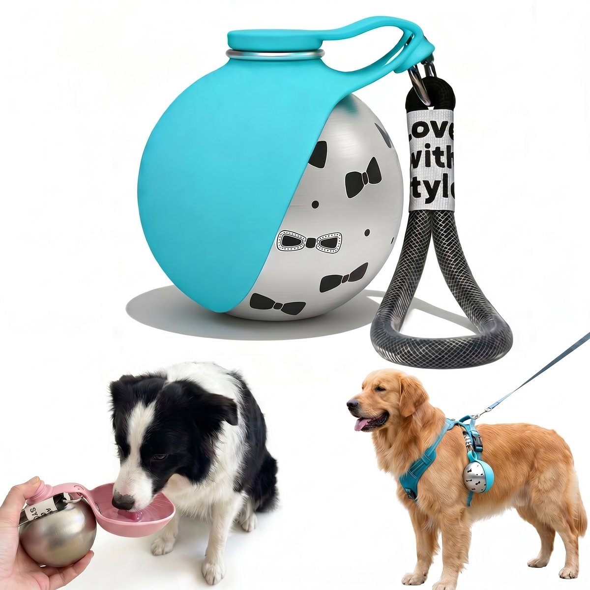 Drinkfles voor huisdieren - 2-in-1 draagbare drinkfles voor honden - 285 ml - Draagbare en opvouwbare drinkfles voor huisdieren - Ronde roestvrijstalen behuizing met siliconen kom - Bedrukt patroon - Lekvrije afsluiting - blauw