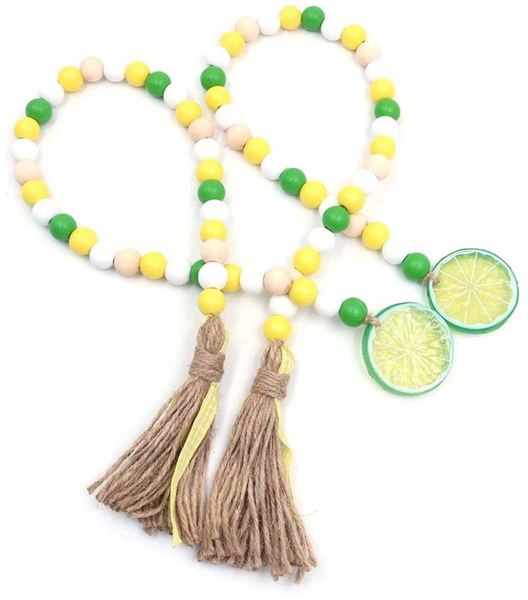 Dailygoods - Dailygoody - Lichte Fruithouten Parelslinger - Rustieke Decoratie - 71 cm - Jutekwasten - Boerderijhuis - Perfect voor Landelijke Stijl