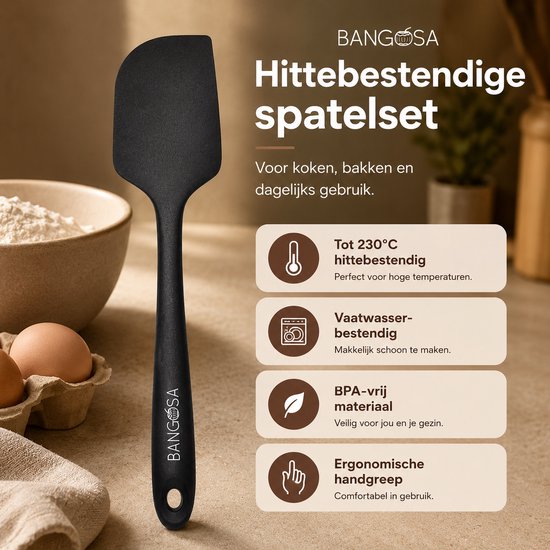 Spatule noire en silicone avec texte sur la résistance à la chaleur jusqu'à 230°C, lavable au lave-vaisselle, sans BPA et manche ergonomique.