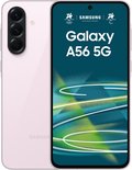 Lichtroze Samsung Galaxy A56 5G, achterkant met drievoudige camera, voorkant toont "Galaxy A56 5G" en Olympische logo's.