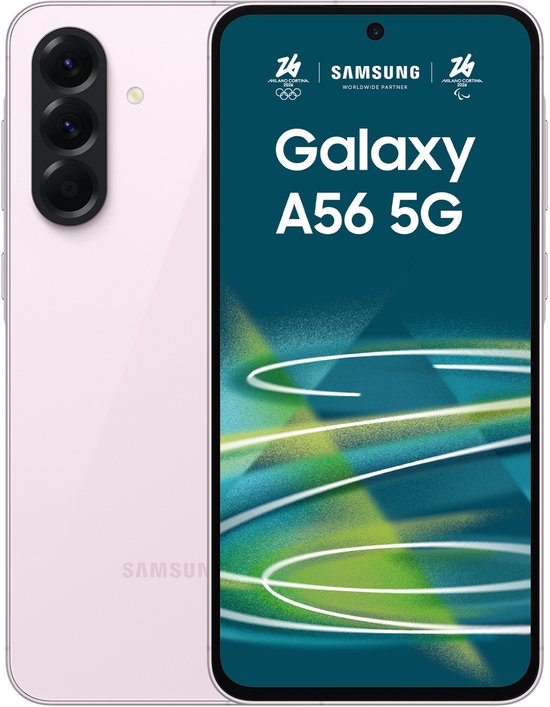 Lichtroze Samsung Galaxy A56 5G, achterkant met drievoudige camera, voorkant toont "Galaxy A56 5G" en Olympische logo's.