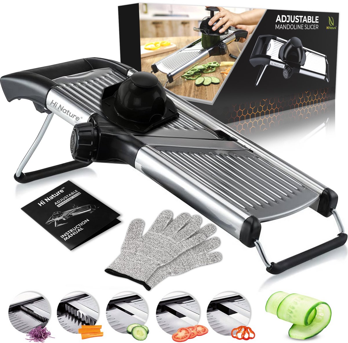 HI NATURE™ Mandolines - Luxe Groentesnijder Mandoline RVS met Veiligheidshandschoen - Mandoline Keukensnijder RVS - Snijder Roestvrij Staal - Multifunctionele groentesnijder verstelbaar - Uiensnijder - Snijmachine