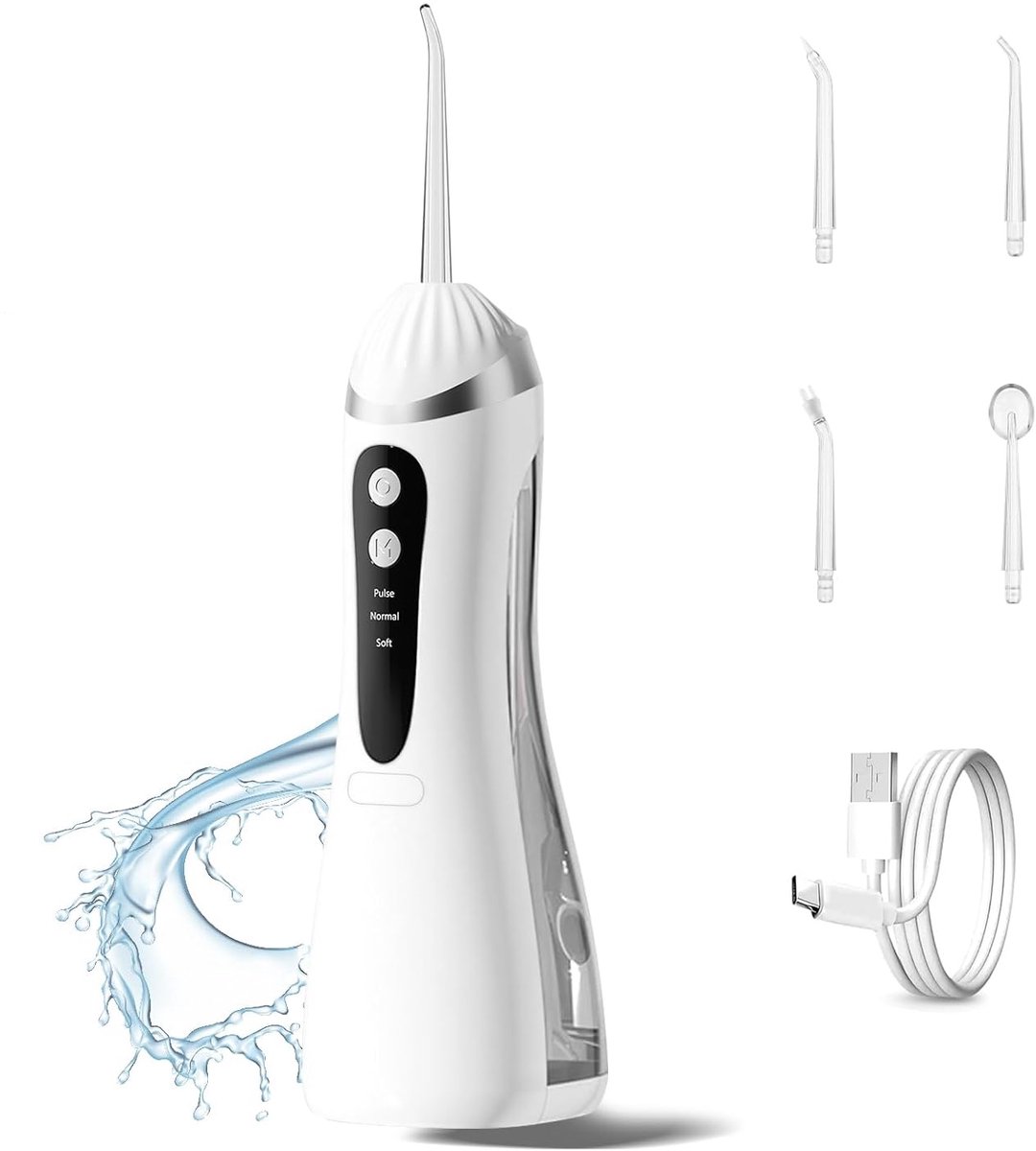Draadloze, draagbare waterflosser, 4 opzetstukken, 3 standen, oplaadbaar via USB, waterdicht (IPX7), 200 ml, draadloze, draagbare waterflosser, ultrafijne straal van 0,6 mm, geschikt voor thuis en op reis, wit