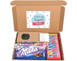 Vaderdag brievenbus pakket - Je bent een Superpapa - cadeau pakketje door de brievenbus - Tony Chocolonely melk - Milka Oreo - Mentos Fruit - Drop
