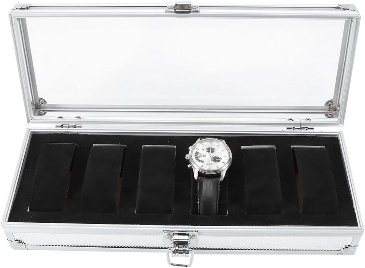 Aluminium horlogedoos, multifunctionele sieradendoos, horlogeopbergdoos, horlogedoos, geschikt voor zowel mannen als vrouwen (6 vakken)