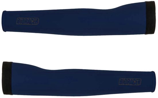 Twee marineblauwe Bioracer armstukken met een oranje logo.