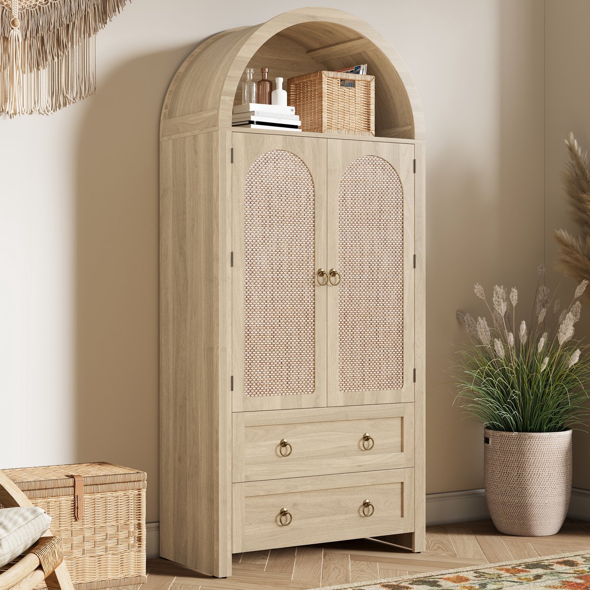 Opbergkast — Met gevlochten manden en lades — Eikenafwerking — Dressoir in vintagestijl voor de woonkamer