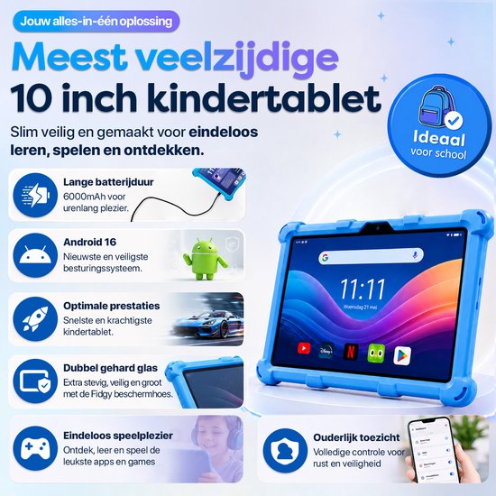 Tablette enfant AngelTech XL Pro II bleue avec écran 10 pouces, Android 16 et batterie de 6000mAh.