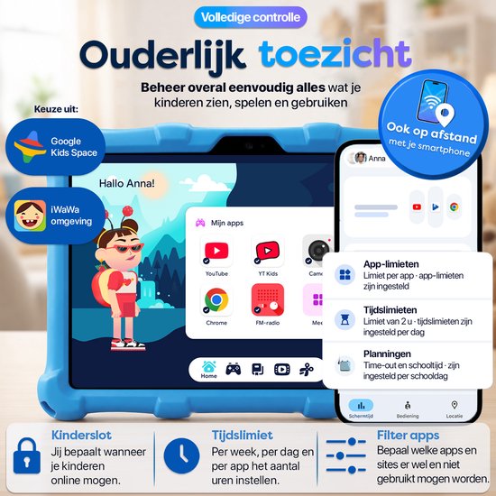 Tablette enfant AngelTech XL Pro II bleue avec menus de contrôle parental à l'écran.