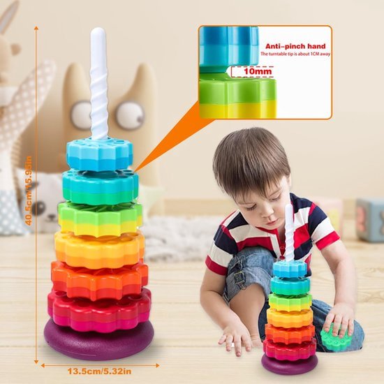 Baby stapeltoren - Regenboog ringen stapelspeelgoed met draaiende tandwielen - Montessori speelgoed - Sensorisch leerzaam speelgoed — afbeelding 4