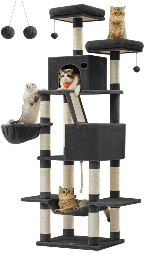 Un grand arbre à chat gris avec plusieurs plateformes, grottes, paniers et hamacs, avec cinq chats dessus.
