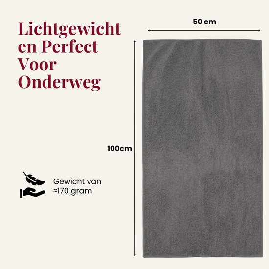 Donkergrijze microvezel handdoek, 50x100 cm, lichtgewicht (ca. 170 gram).