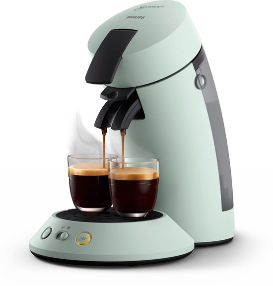 Machine à dosettes à café Senseo vert menthe avec deux verres d'espresso.