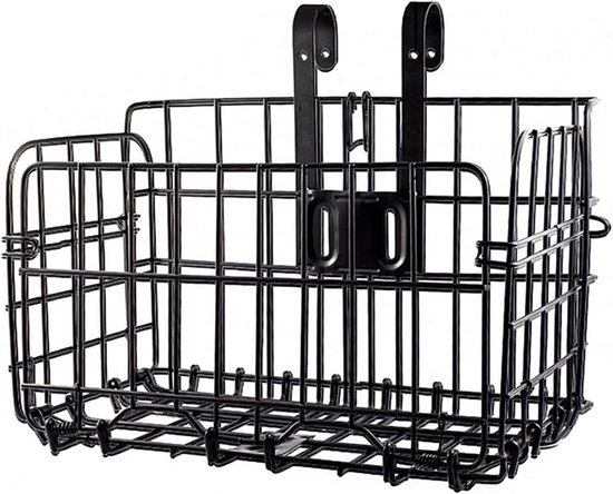 Zwarte, metalen, opvouwbare fietsmand met twee haken en een montageplaat voor bevestiging.