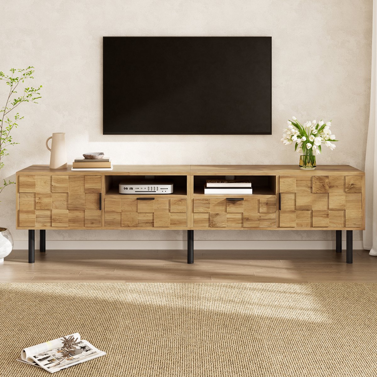 VVBV TV Lowboard met 2 Lades, Open Vakken - Voor Woonkamer, Voor Hal/Entree, Verstelbaar - Hout/Metaal